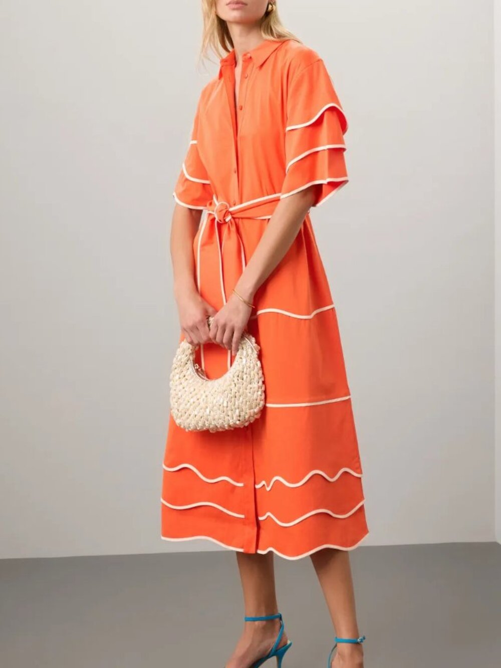 Alexis Rhodes Tiered Midi Shirt Dress Orange White Contrast Trim Belted Size M